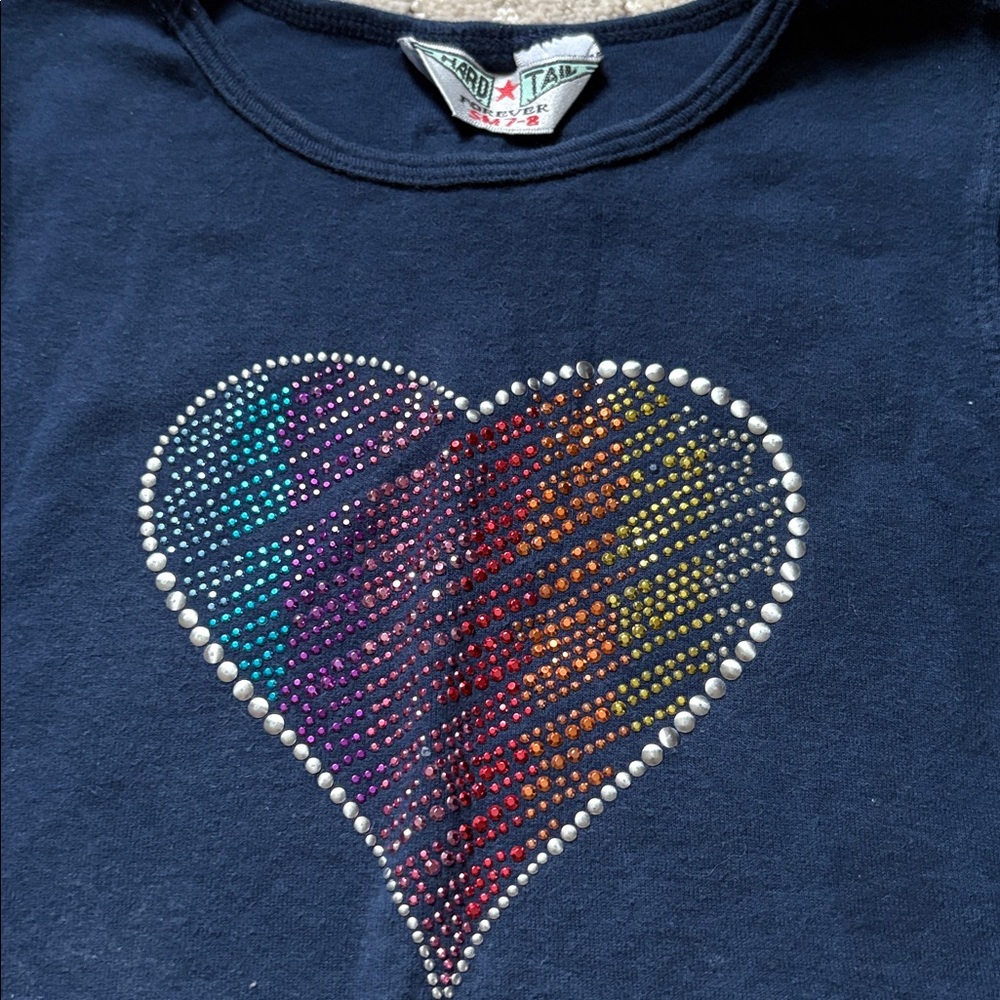 Vintage Kids Hard Tail 3/4 Puff Sleeve Shirt Rhinestone Heart sz S 7 8